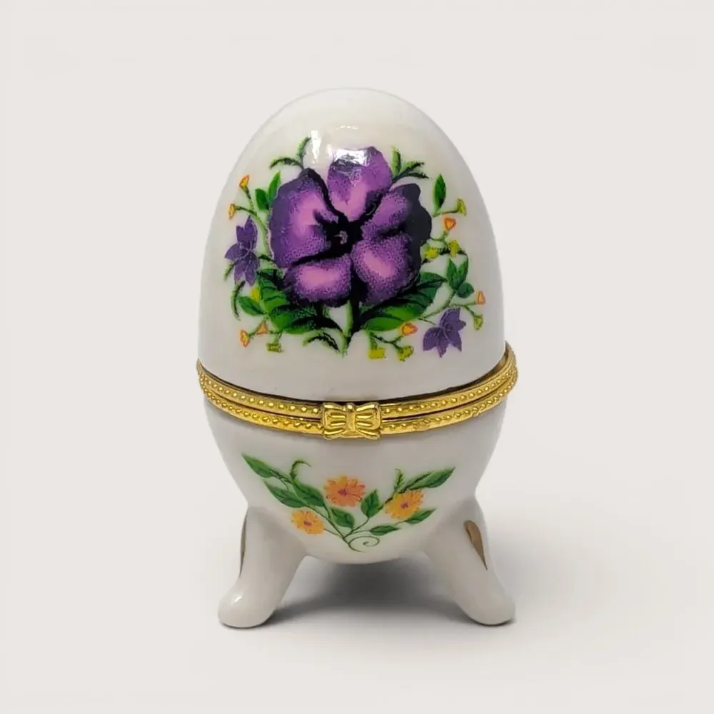 Vintage Porcelain Purple Flower Footed Egg Trinket Box